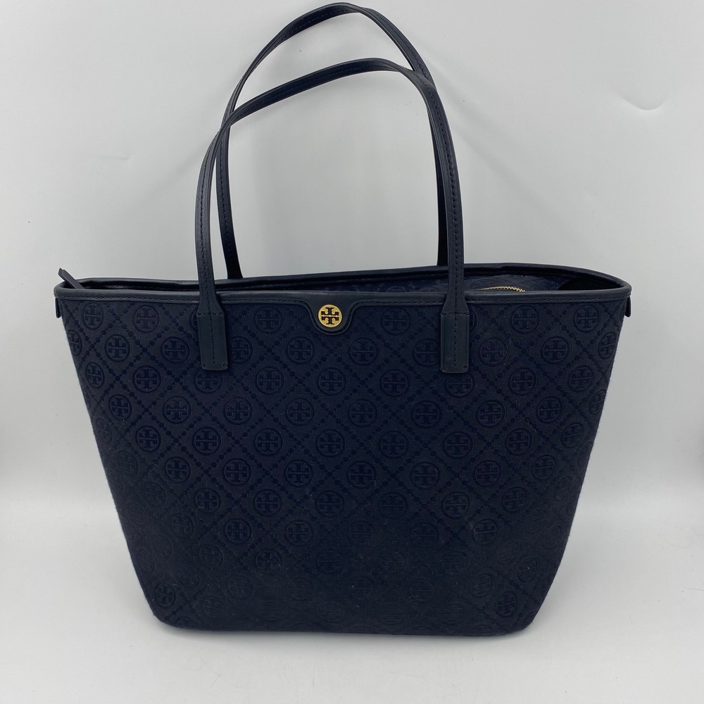 Tory Burch Navy Embossed Logo Tote with Gold Accent